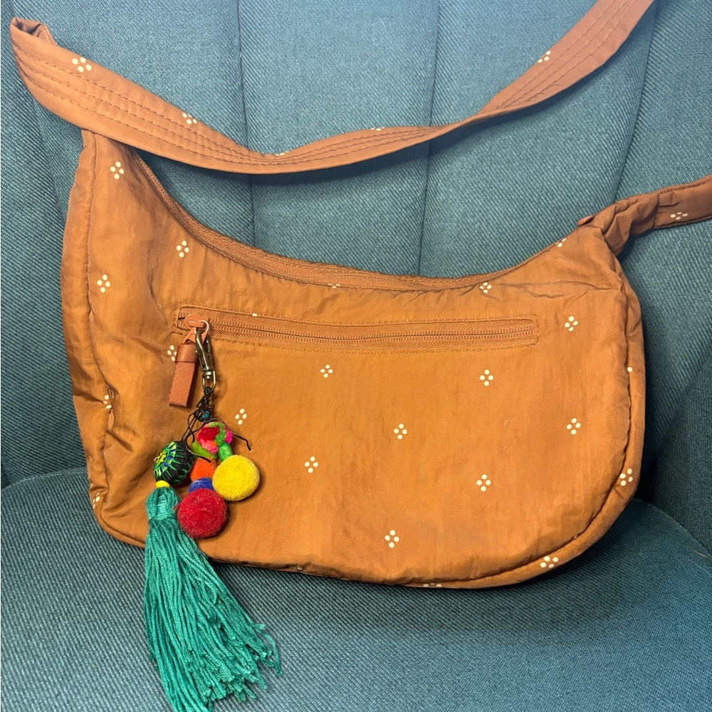 Patterned Tan Crescent Bag with Tassel